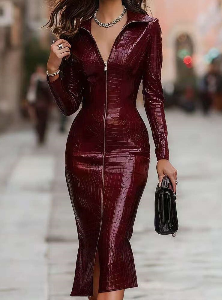 Stylish Glossy -Print Midi Skirt With Zipper