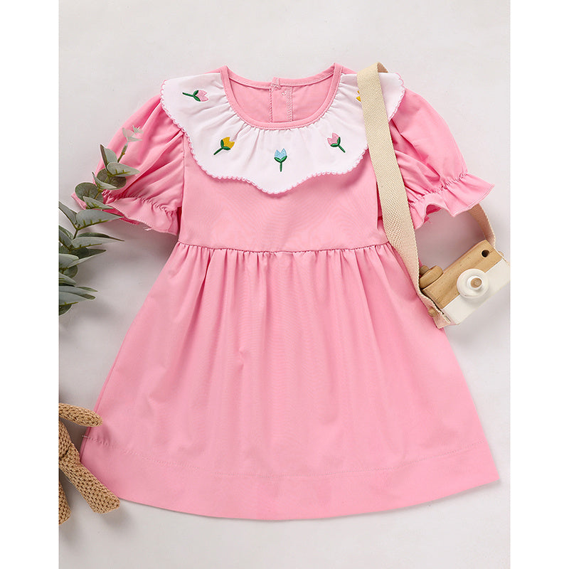 Toddler Baby Girl Spring Tulip Smocked Short Sleeve Dress With Lovely Tulip Embroidery Princess Dresses
