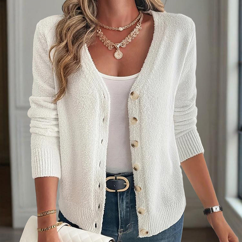 Women's V-Neck Button Front Long Sleeve Knit Cardigan For Spring & Fall Elegant For Casual Wear