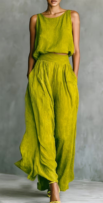 Sleeveless Loose Crew-Neck Top And Wide-Leg Pants Set