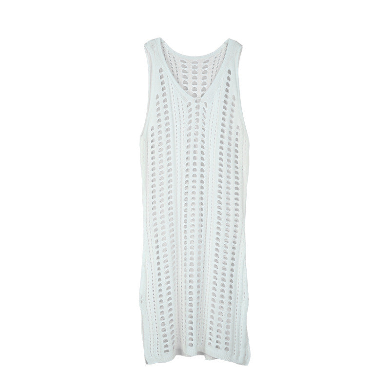 Hollow Out Beach Dress V Neck Sleeveless Crochet Swimsuit Cover Up
