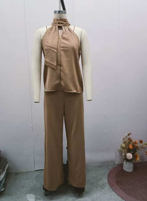 Cutout Crew-neck Sleeveless Top And Wide-leg Pants Set