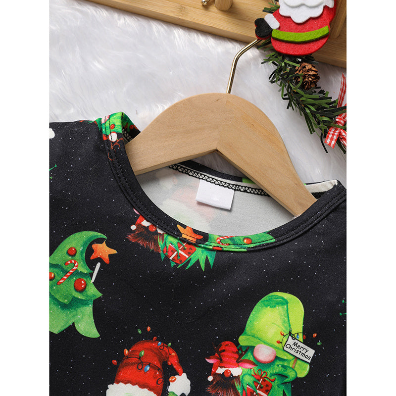 Toddler Kids Baby Girl Christmas Dress Outifts, Long Sleeves Cartoon Prints Party Dress With Heart Print Vest Coat Xmas Clothes Set