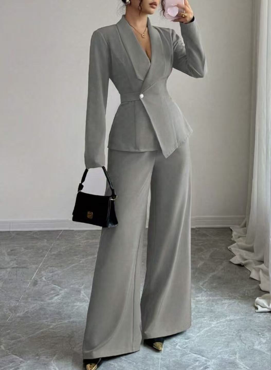 Solid-color Long-sleeve Straight-leg Pants Set