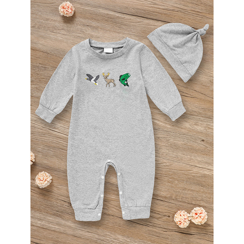 Newborn Baby Boy Outfits Long Sleeve Animal Print Romper & Hat 2Pcs Fall Winter Clothes Set
