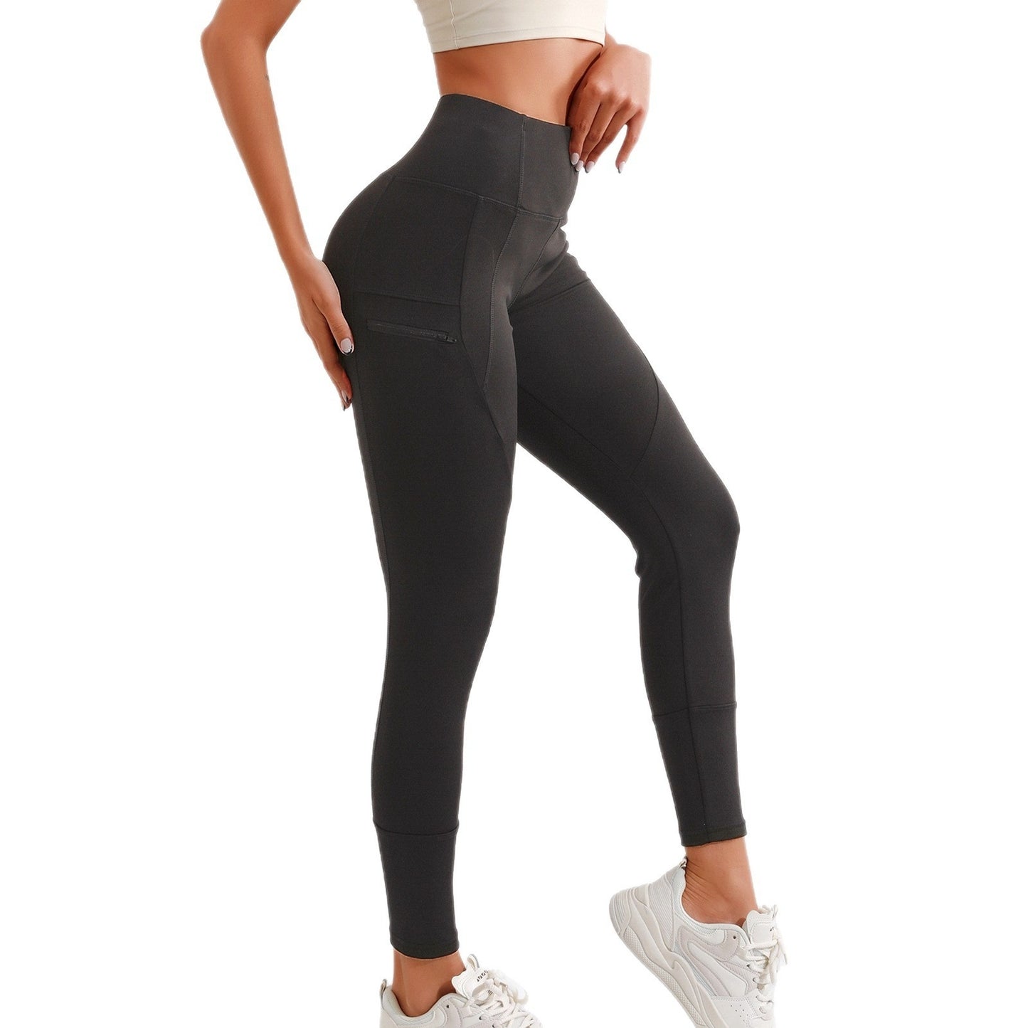 Elastic High Waist Leggings With Zipper Pocket