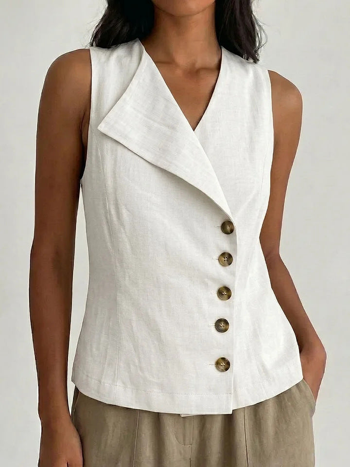 Sleeveless Button-Down V-Neck Solid-Color Shirt