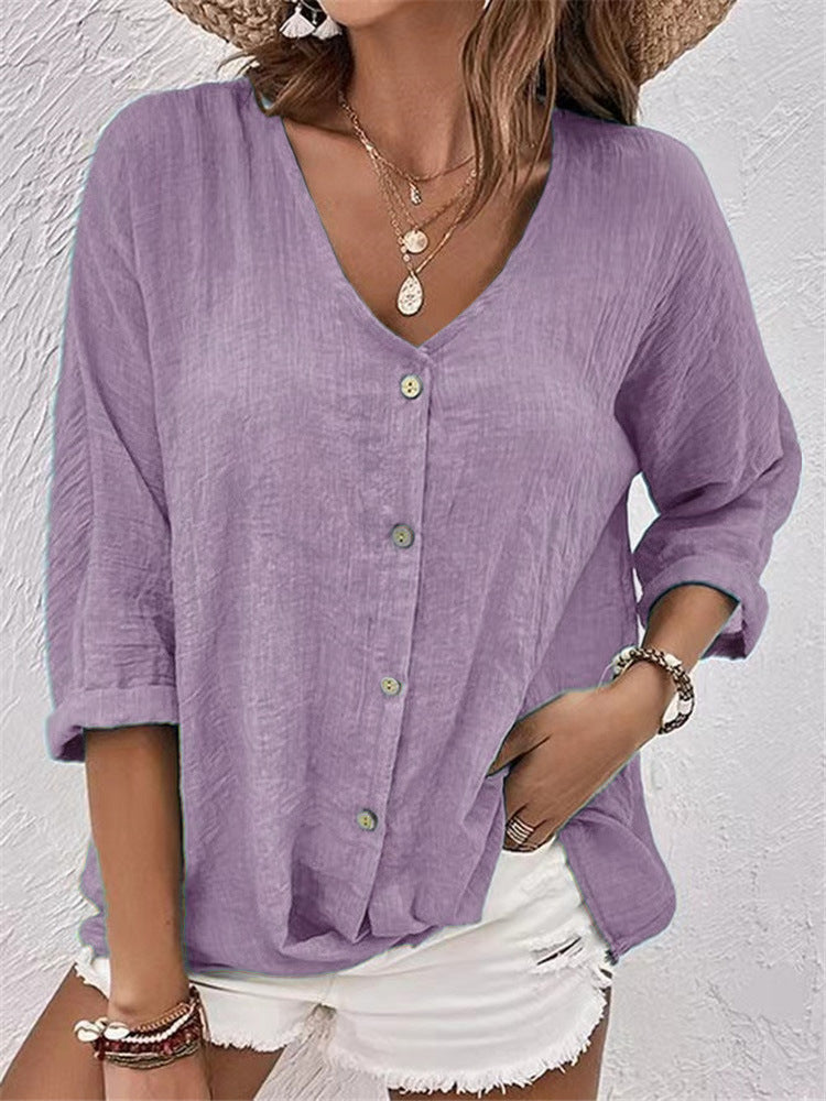 V-neck Long-sleeved T-shirt Fashion Solid Color Button Top Casual Loose