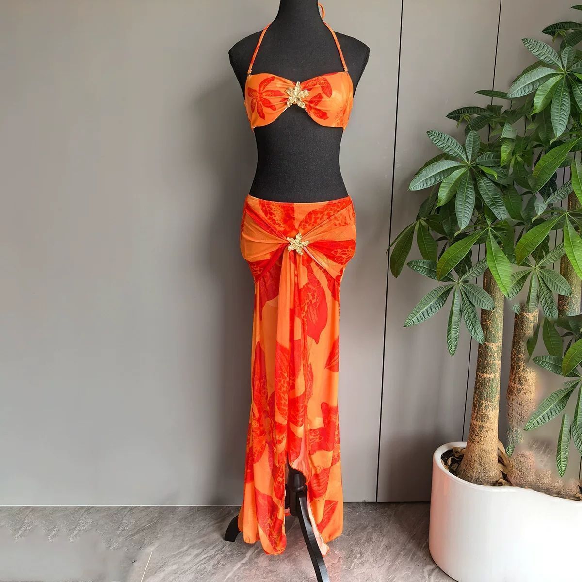 Starfish-Decorated Two-Piece Long Skirt Bikini Three-Piece Set