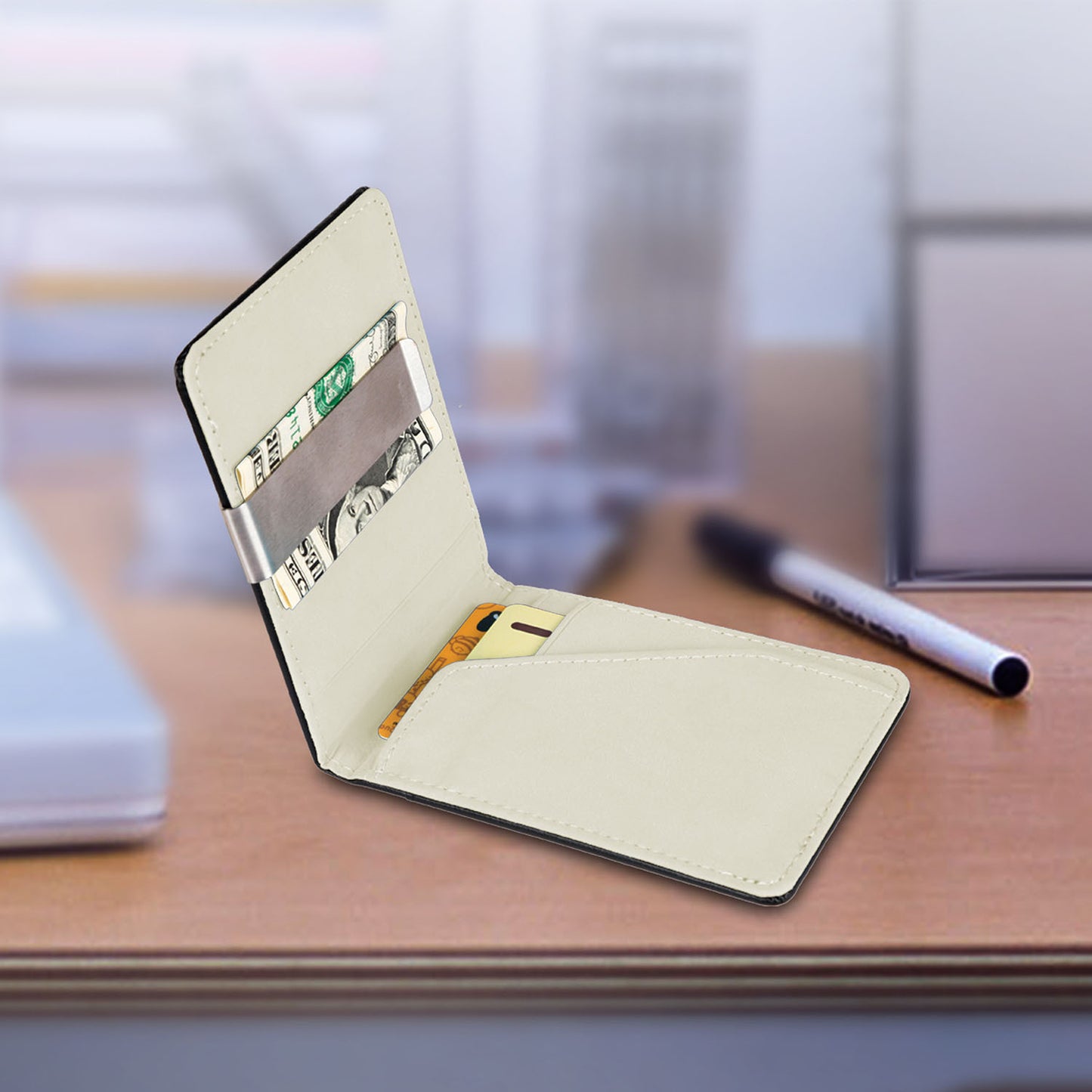 1Pc PU Leather Wallet For Women Blocking Slim Credit Card Holder With Money Clip