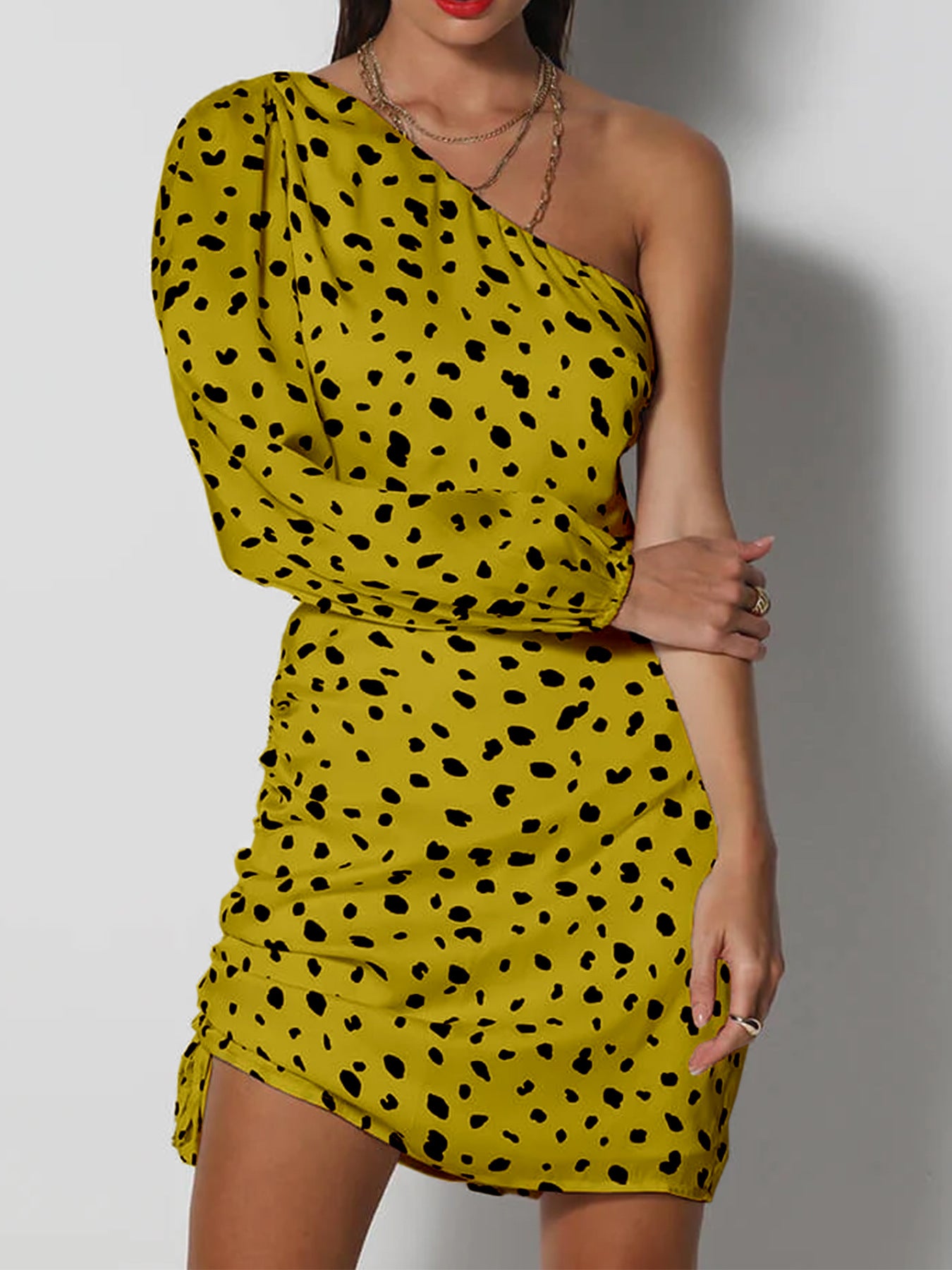 Off-Shoulder One-Sleeve Leopard-Print Hollow-Out Waist Bodycon Dress