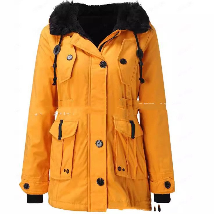 Thick Hooded Drawstring Mid-length Zipper Jacket