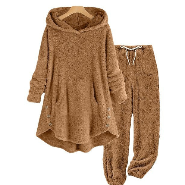 Solid-color Plush Hooded Long-sleeve Pants