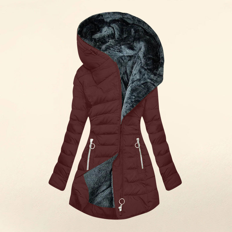 Plush Hooded Mid-length , Zipper Cotton-padded Coat