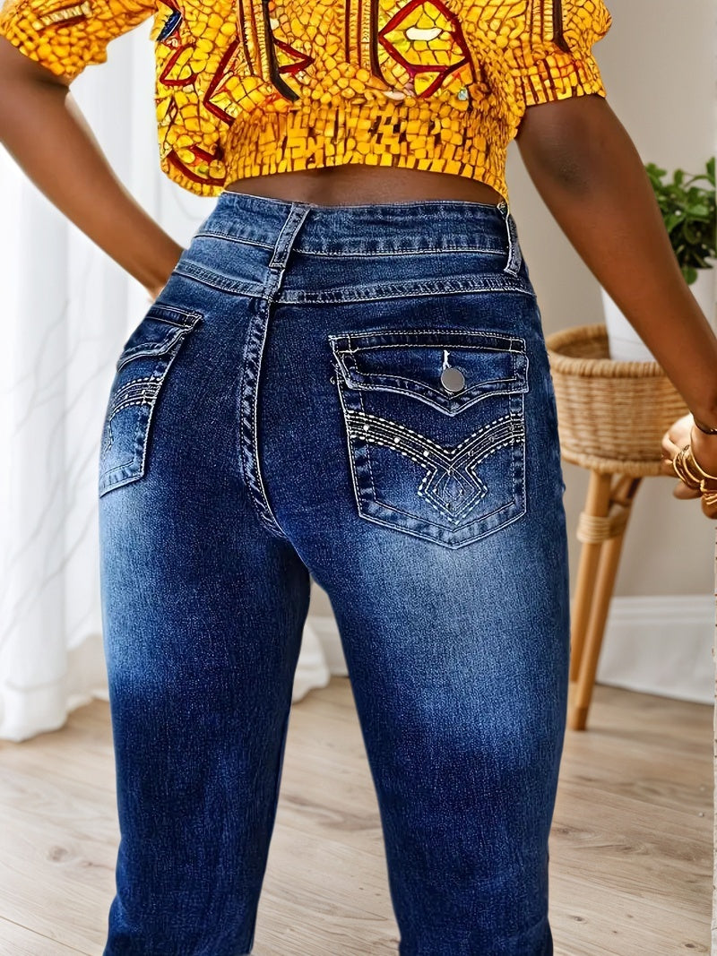 Slim Fit Elastic Washed Blue Casual Style Zipper Buckle Jeans, Women's Denim Jeans