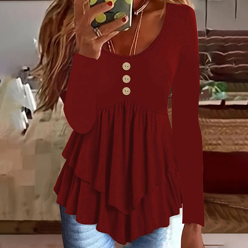 Womens Casual Long Sleeve T-Shirt Solid Color Round Neck Layered Button Front Tunic Tops