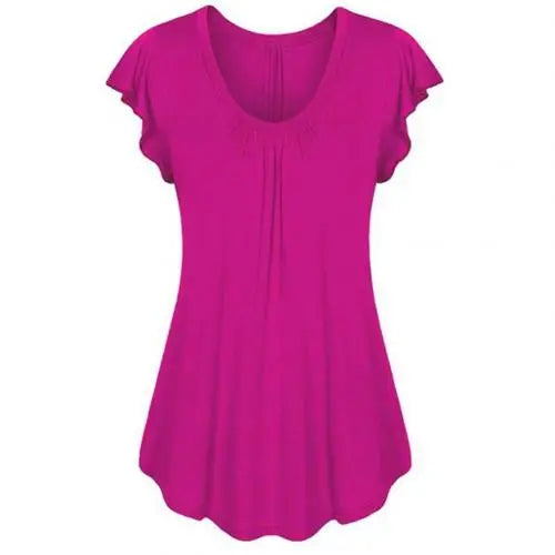 Hot Women T-shirts 2021 Solid Color Scoop Neck Short Ruffled Sleeve Shirts Bottoming Top Women T Shirt Summer