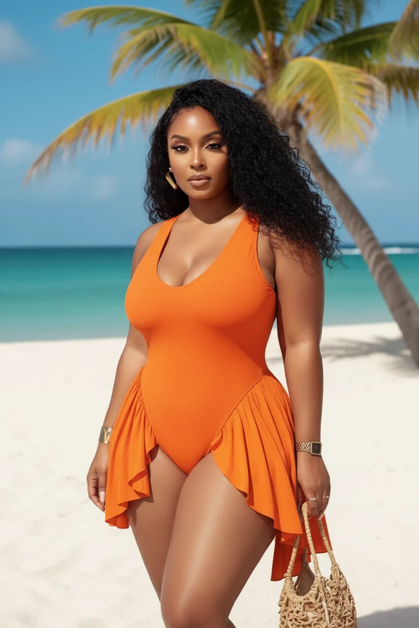 Plus Size V Neck Ruffle Swimsuit