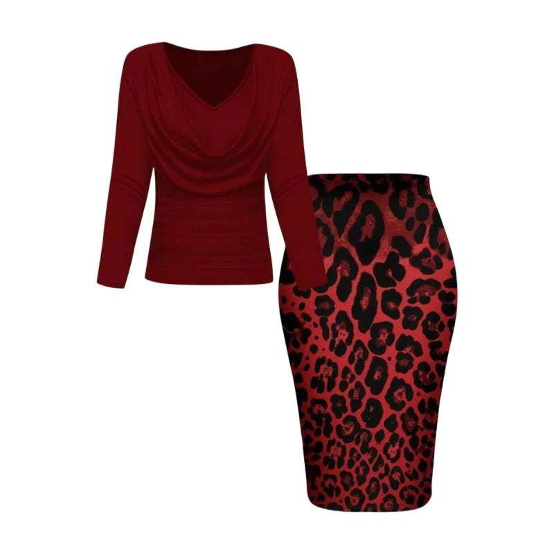 Women Long Sleeve Cowl Neck Leopard Print Midi Dress Elegant Bodycon Pencil Dress For Evening Party Formal Occasion Slim Fit