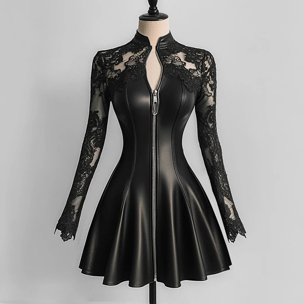Leather Lace Patchwork Waist-Cinching Dress