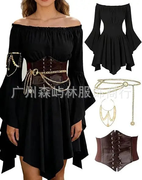 Women's Dress Suit Halloween Renaissance Medieval Pirate Dress Off-the-Shoulder Flared-Sleeve