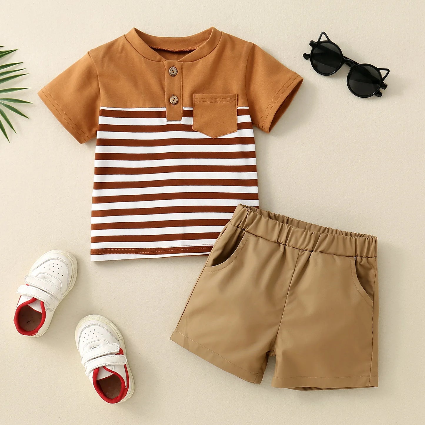 2PCS Spring and Summer Boy Short Sleeve Open Collar Spliced Shirt Decorative Drawstring Shorts Skin Friendly Cotton Shirt