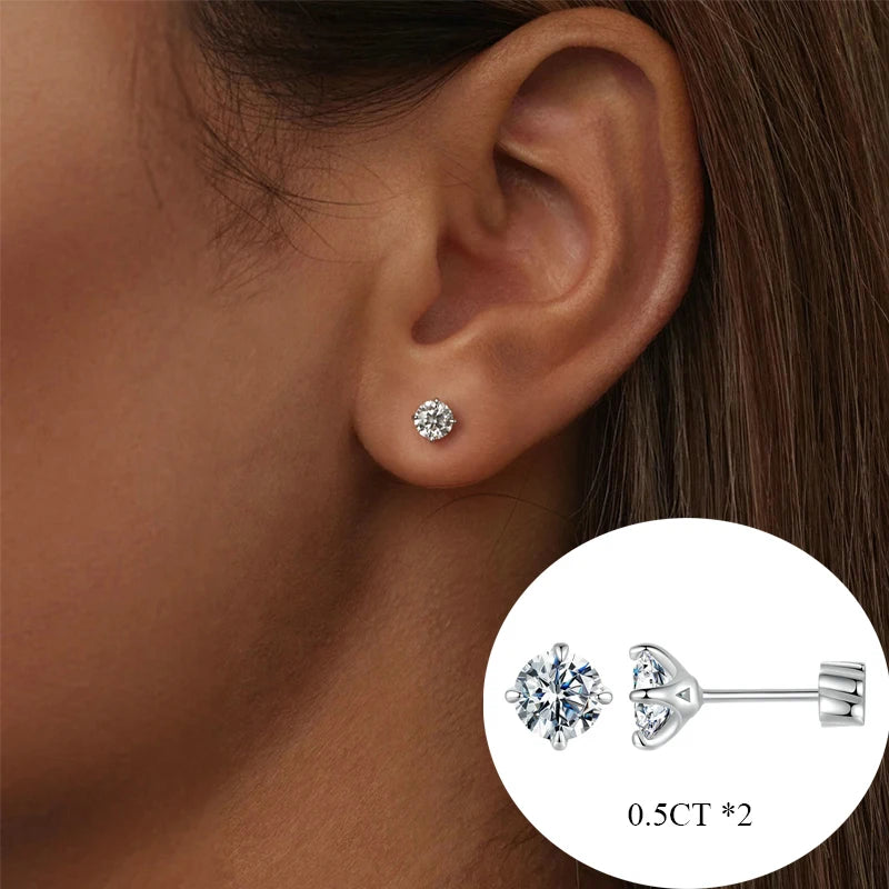 Classic Moissanite Earrings, 925 Silver Brilliant 4 Prongs Round Cut