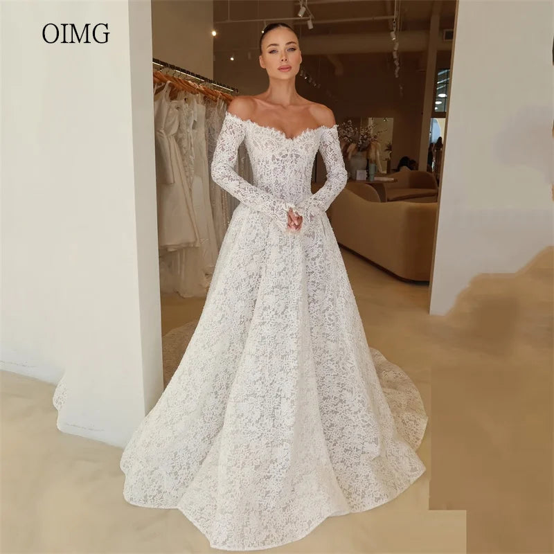 Lace Off The Shoulder A Line Wedding Dress Backless