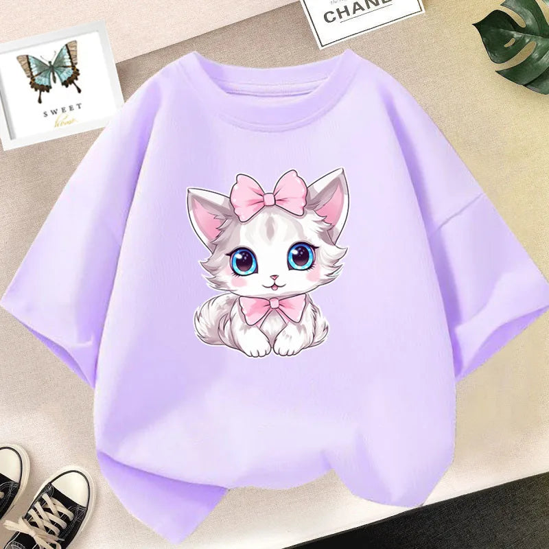 Cat Girls T Shirt Clothes Girls Animal Children T-Shirt Kids Summer Cat Lively Cute Funny Baby T Shirts Tops 2023