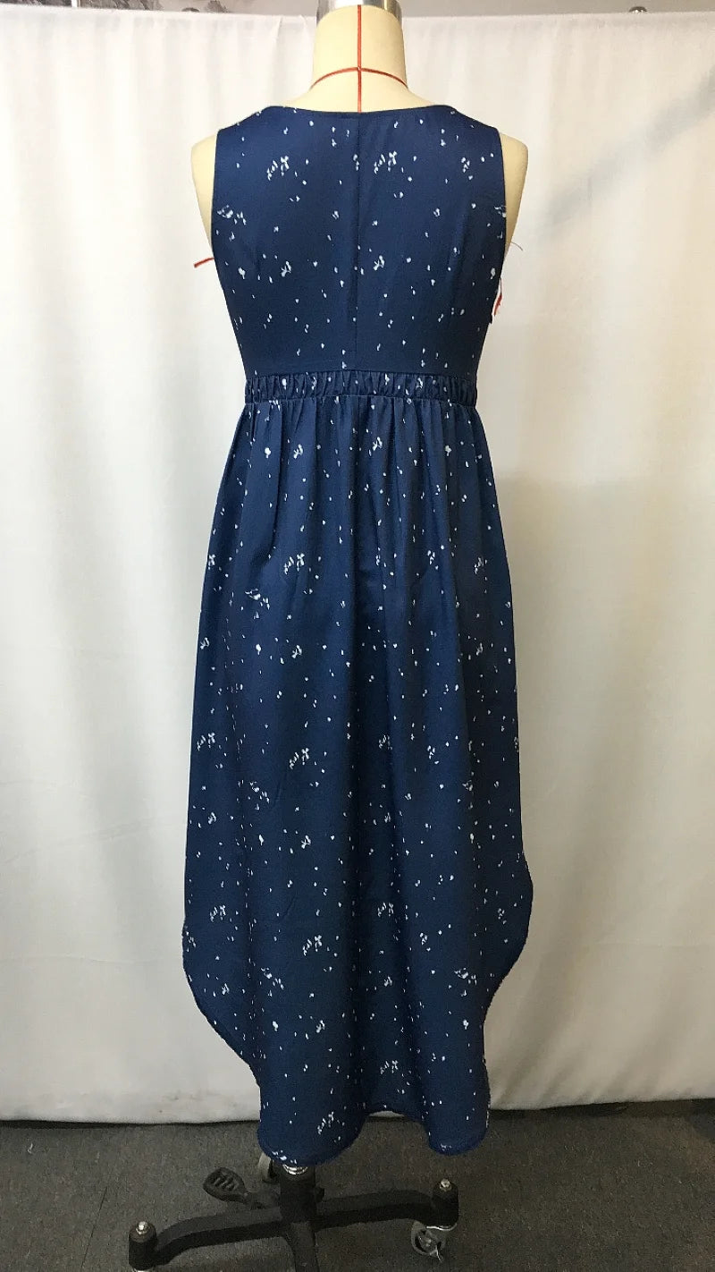 Women Sexy Deep V Sleeveless Dress, Irregular Hem Elastic Waist Star Print Flowy Gown for Party Club Cocktail Night Out Daily