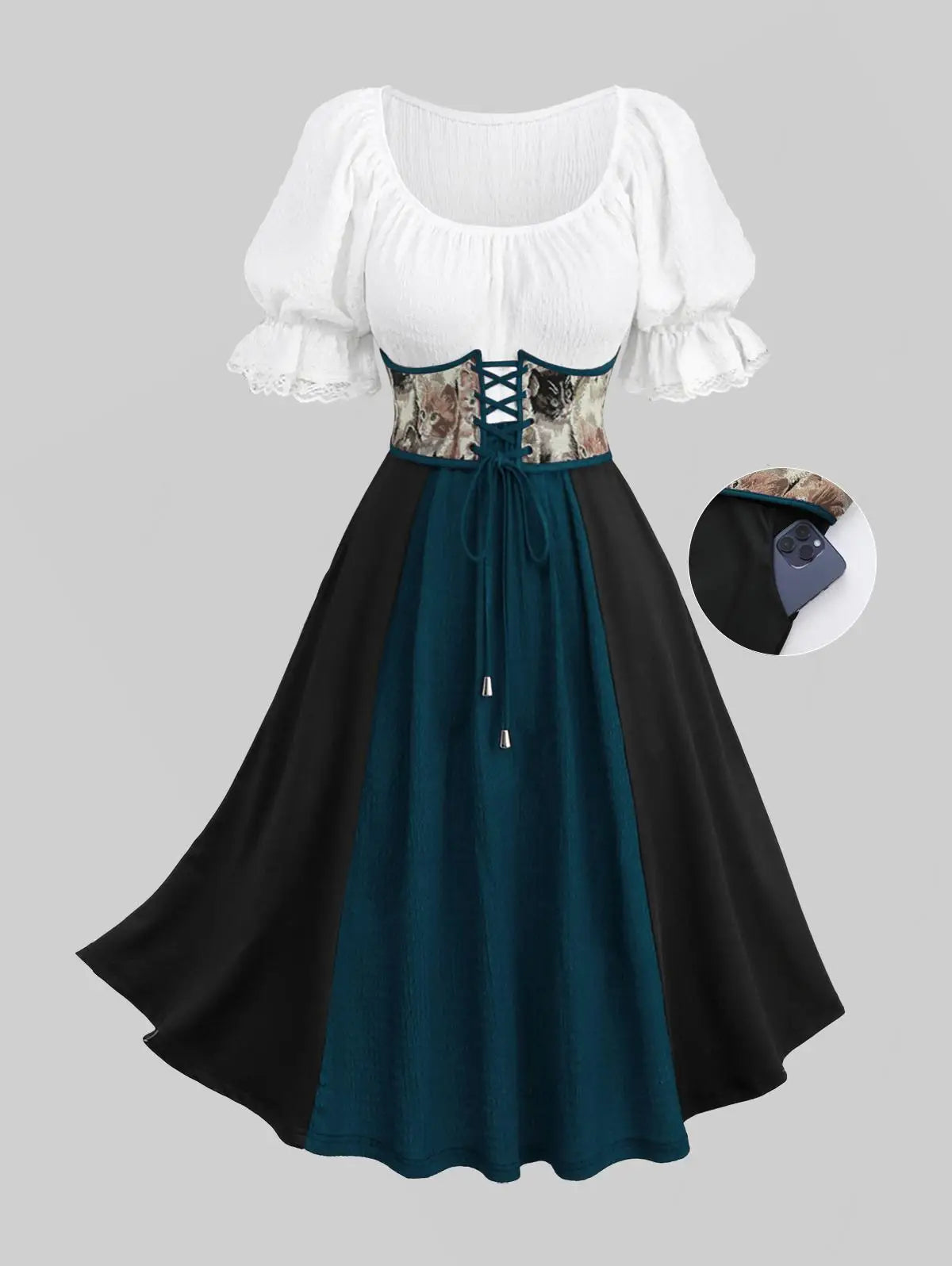 Plus Size Medieval Renaissance Dress Lace-up Corset Grommets Ruffles Lace Trim Dress Victorian Halloween Cosplay Costume