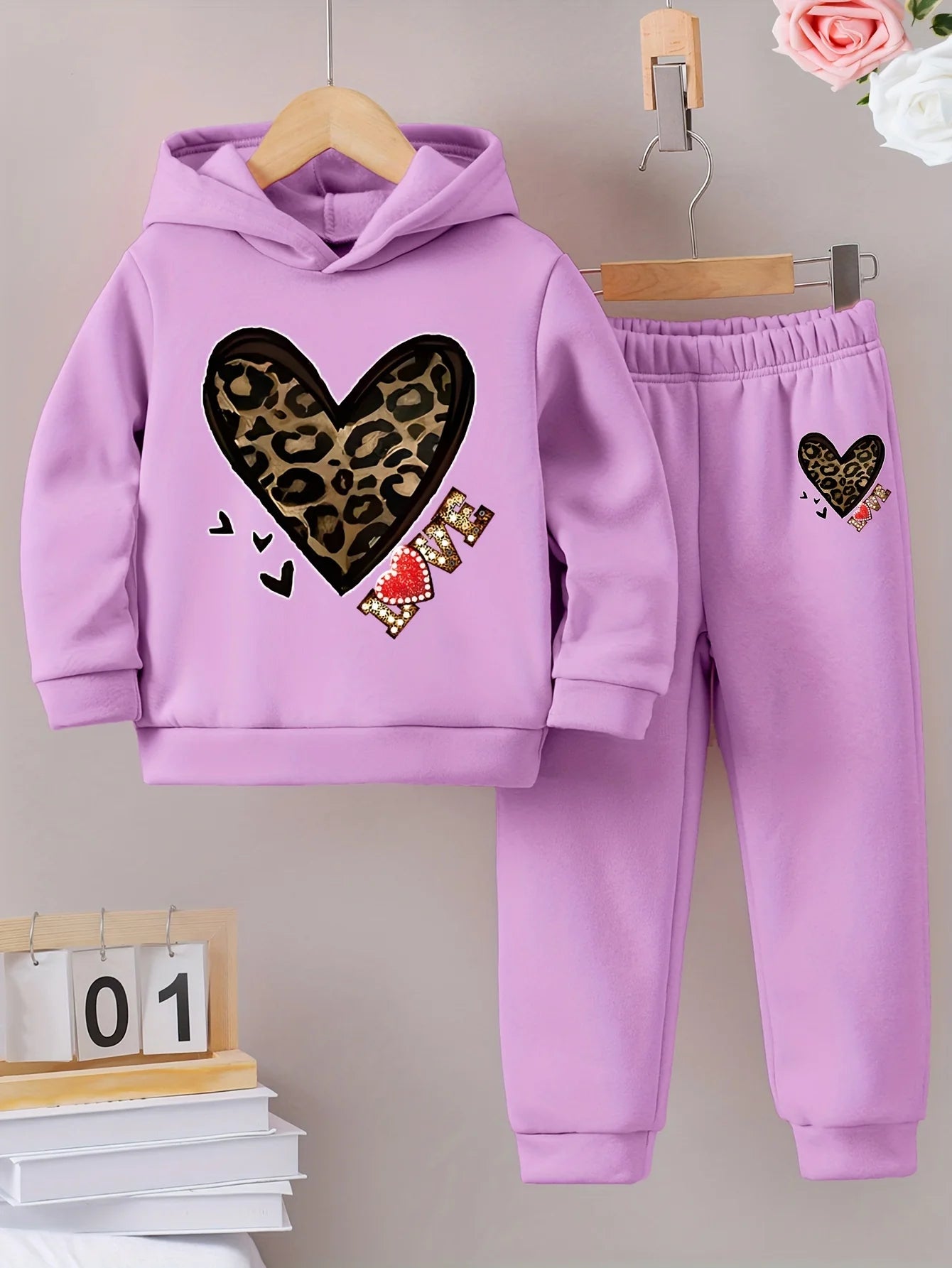 2sets girls printed with fleece warm lined hoodie and tracksuit pants