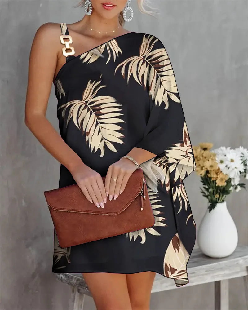 One Shoulder Geometric Print Dress Women Batwing Sleeve Asymmetrical Mini Dress Casual Party Club Evening Outfit