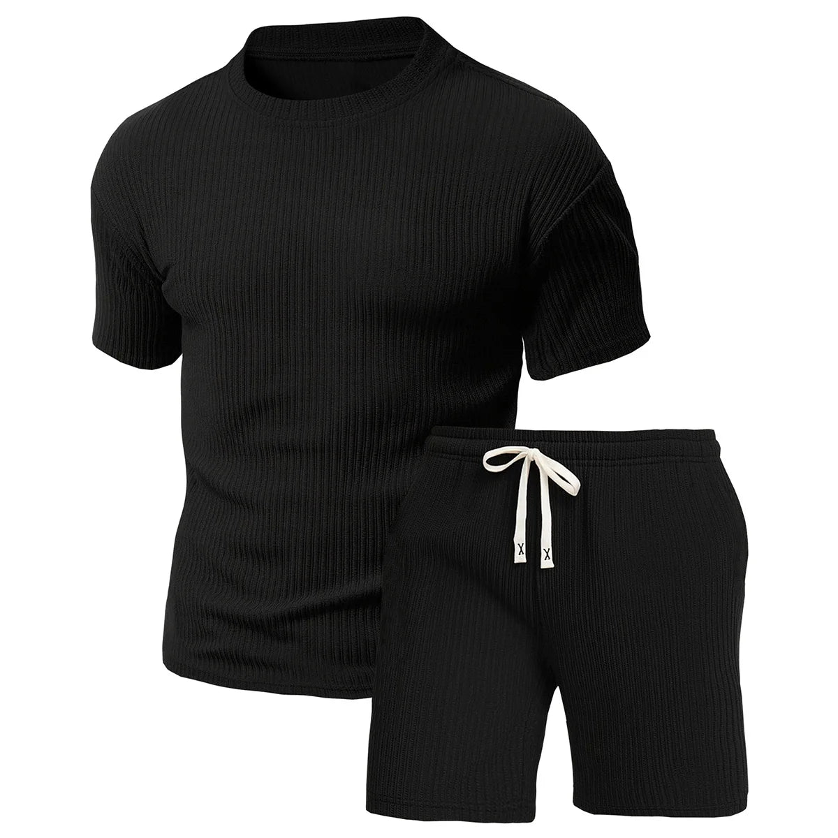 2-piece men's round neck short sleeved shorts set, textured fabric breathable and sweat wicking, suitable for outdoor hiking, travel, fitness and other sports in summer with casual sports T-shirt set