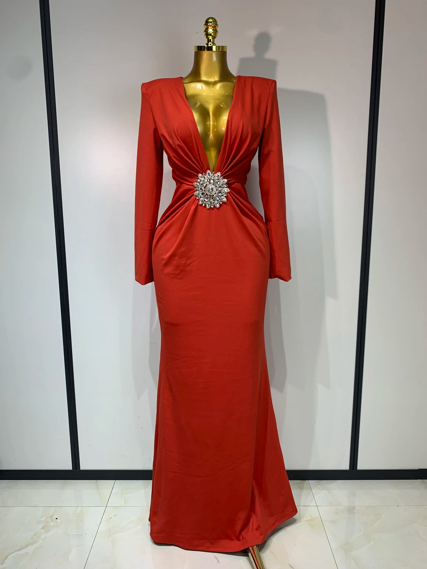 Long Sleeve Deep V-Neck Bodycon Long Dress