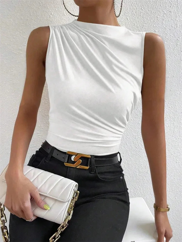 Mock Neck Ruched Tank Top for Women Summer 2024 Solid Color Pleated Sleeveless Tee Shirt Tshirt Streetwear Y2K