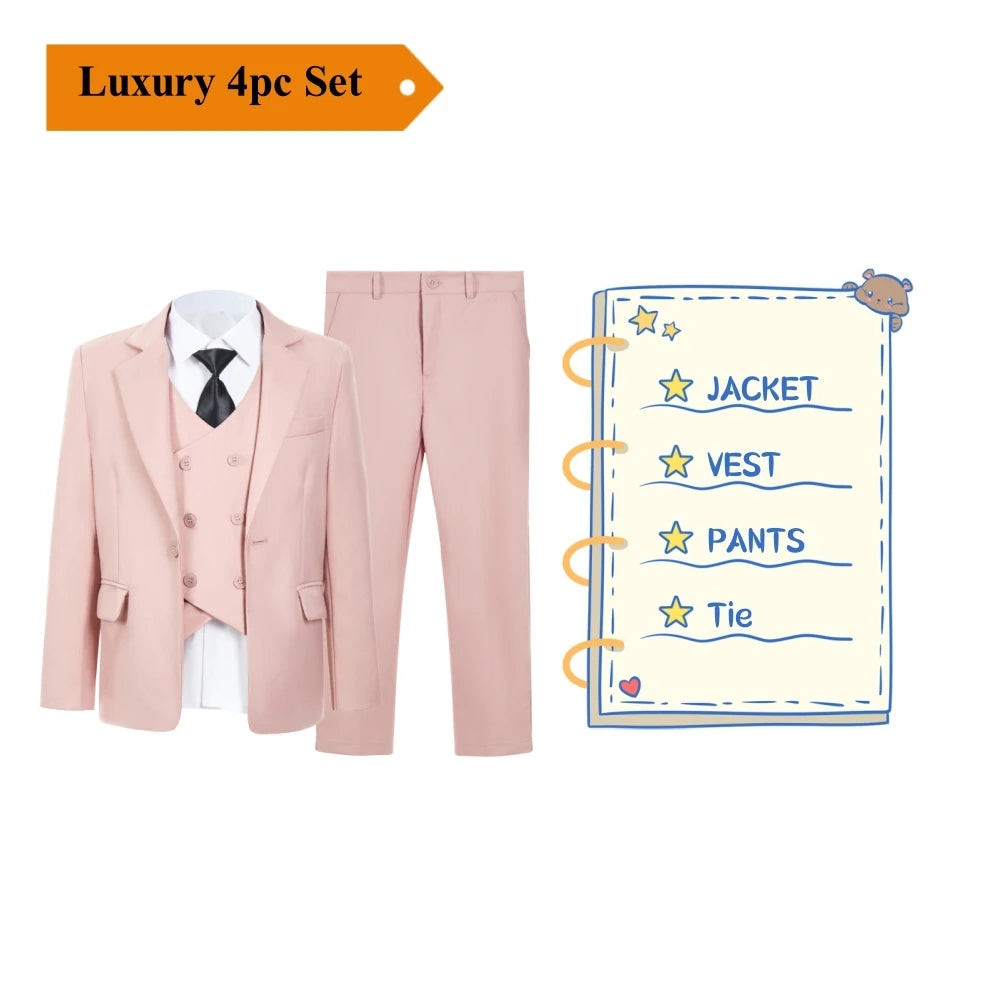 Beige Boy's Formal Suit Set, 4 Pieces Regular Fit Kids Smart Prom Suits, Jacket Vest Pants Tie Classy Solid Tuxedo For Wedding