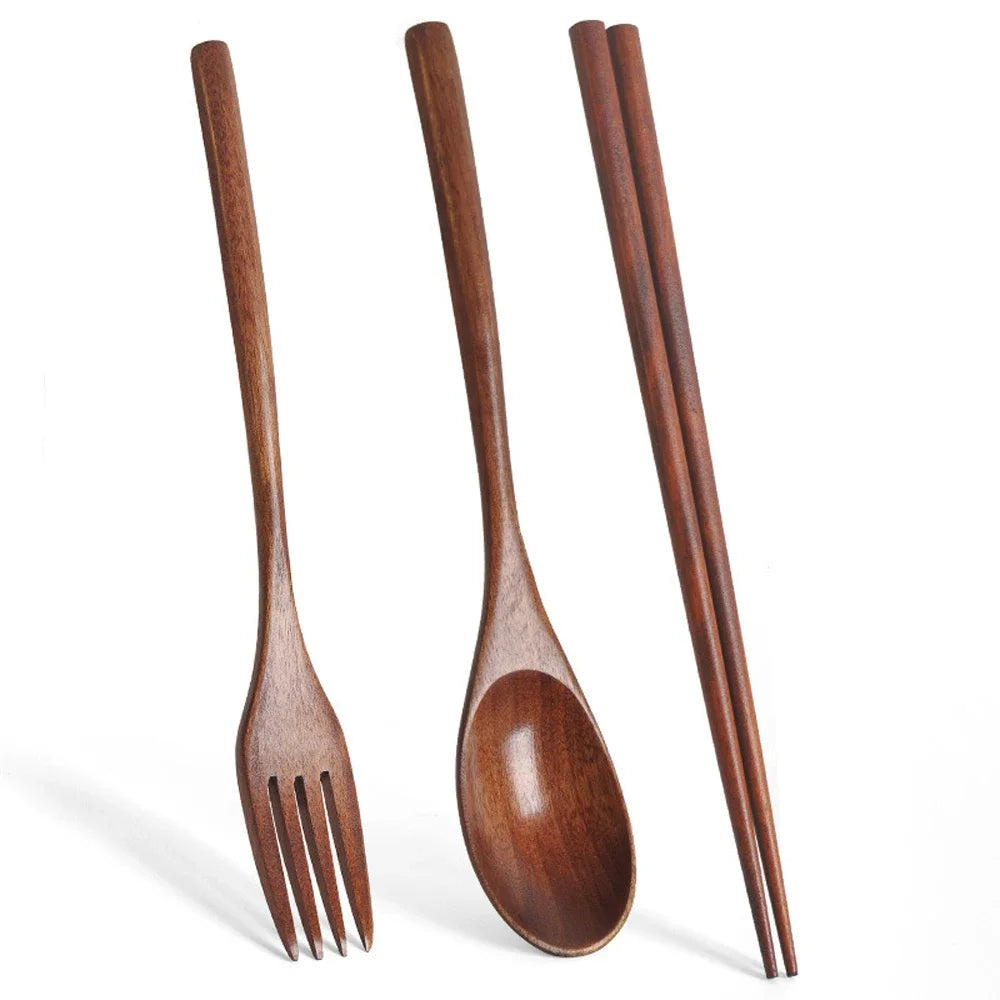3 Pieces Tableware Natural Wood Dinnerware Spoon Chopsticks