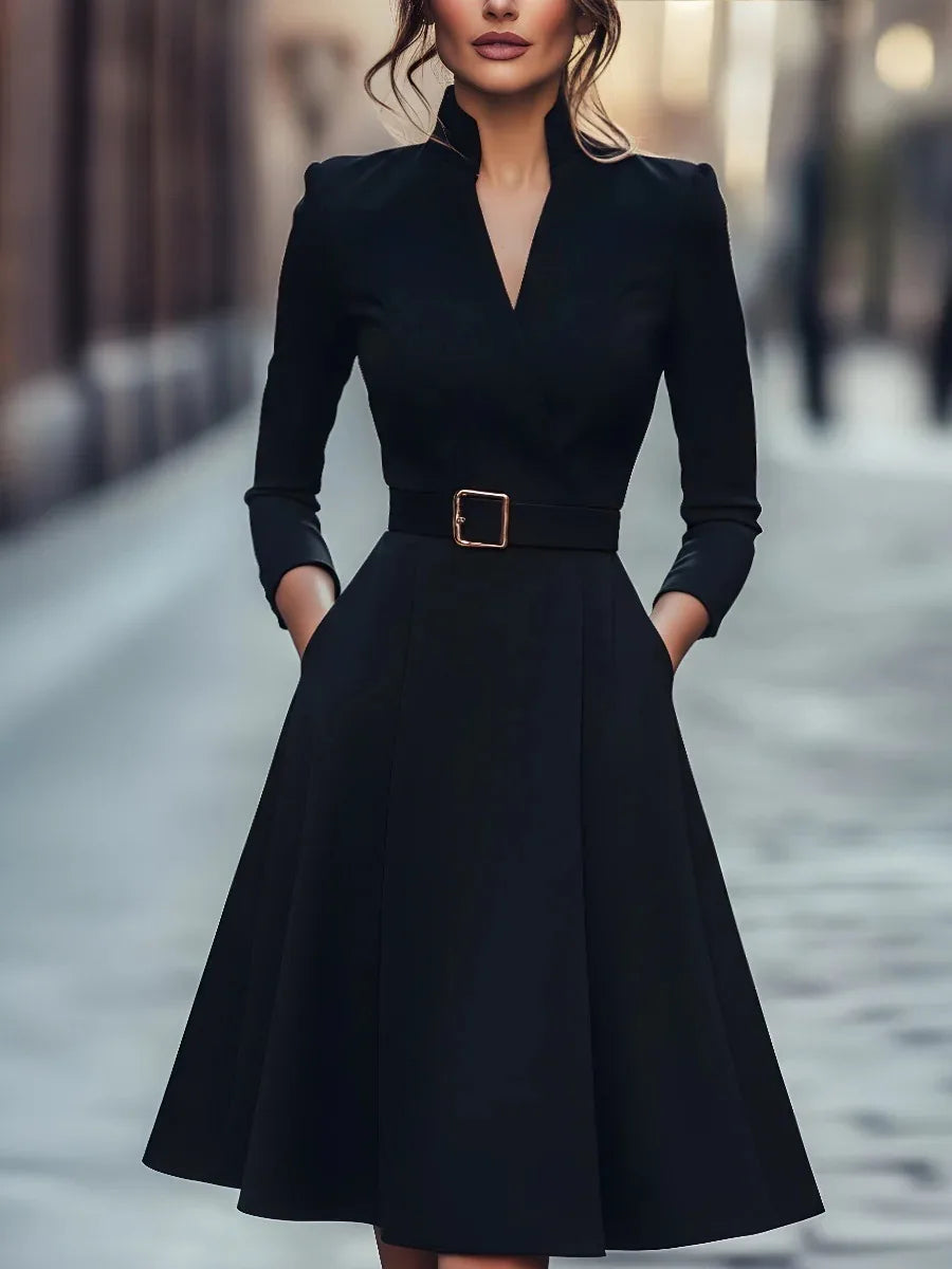 solid color V-neck waist-cinching long-sleeved dress with a wide skirt for women