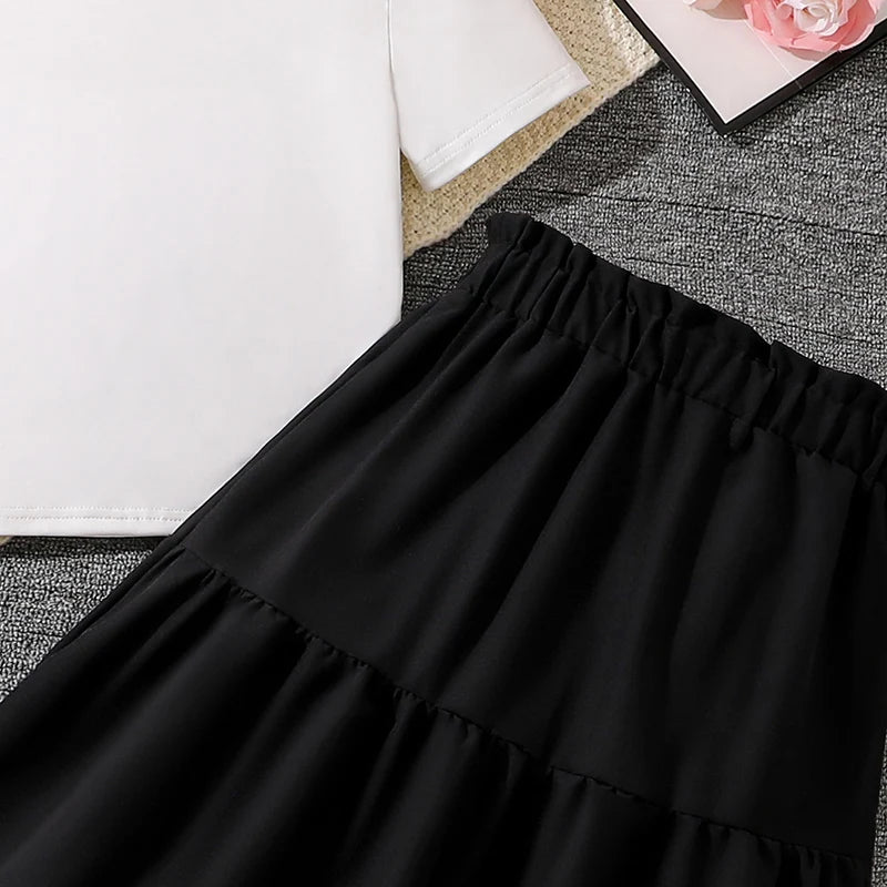 Trendy Girls Sets Solid Color Sets White Bow-knot T-shirt & Black Maxi Skirt 2 Pcs Korean Style Cute Sets Girls Suits