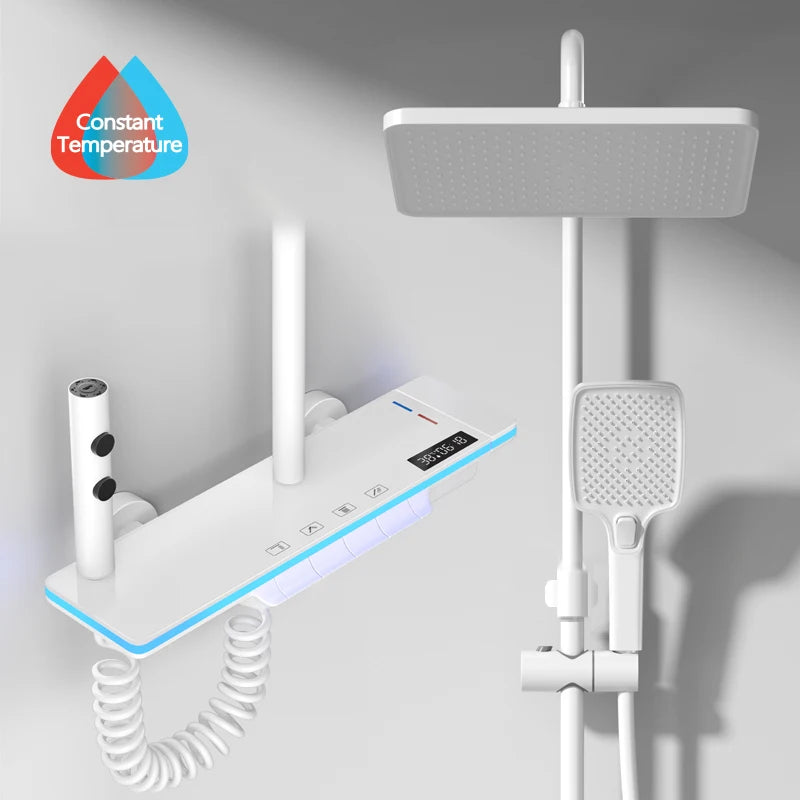 Bathroom Luxury Shower System with Lights Tempered Glass Piano Key Smart Digital Display Thermostat Mixer Shower Faucet Full Set