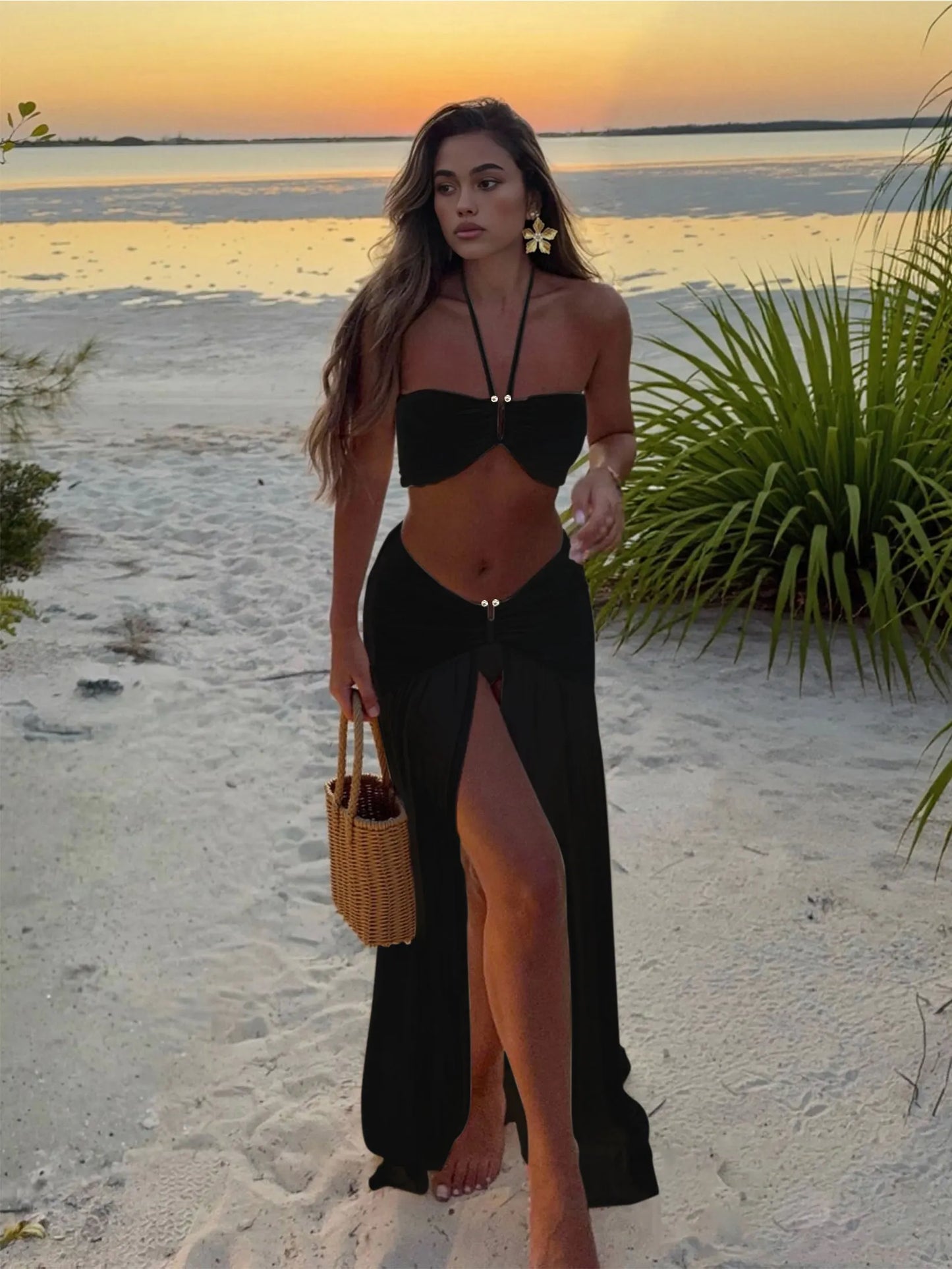 Halter Neck 3 Piece Bikini Set with Sheer Split Maxi Skirt