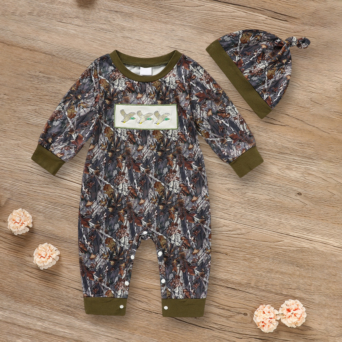 Newborn Baby Boy Outfits Long Sleeve Animal Print Romper & Hat 2Pcs Fall Winter Clothes Set