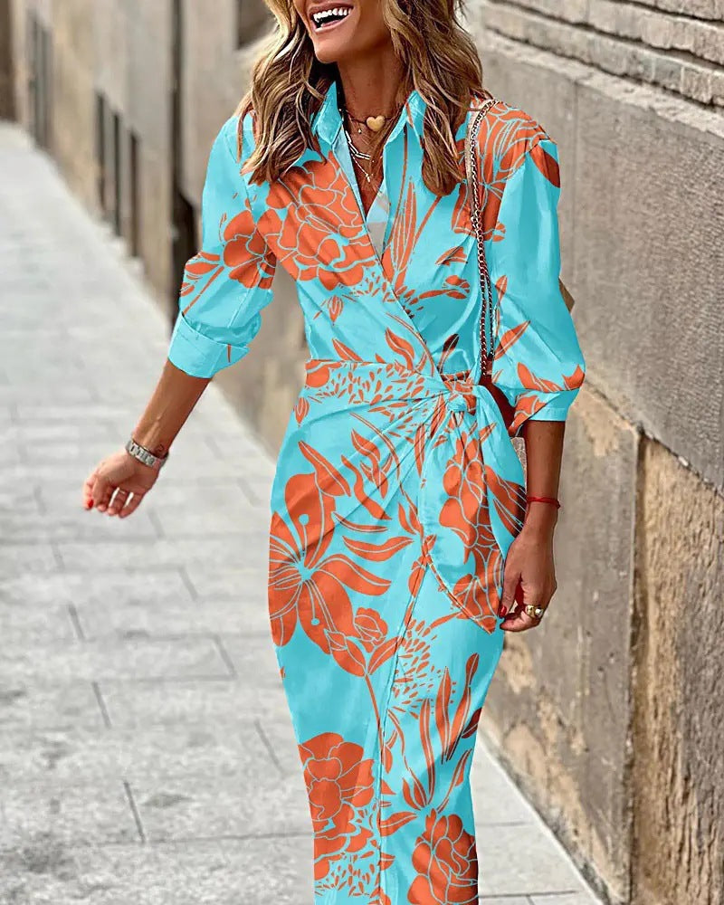 Printed Shirt Collar Lacing Mid-length Striped Dress