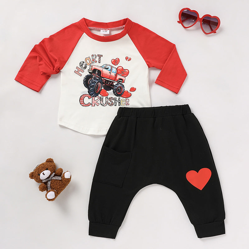 2pcs Baby Boy's 'Heart Crusher' Print Valentine's Day Set, Long Sleeve T Shirt Top & Black Heart Print Pants