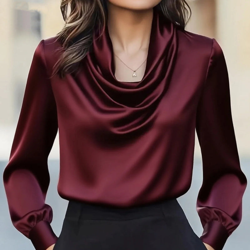 Women's Elegant Draped Neck Blouse, Solid Color Ruffle Detail Long Sleeve Shirt For Office And Formal Wear