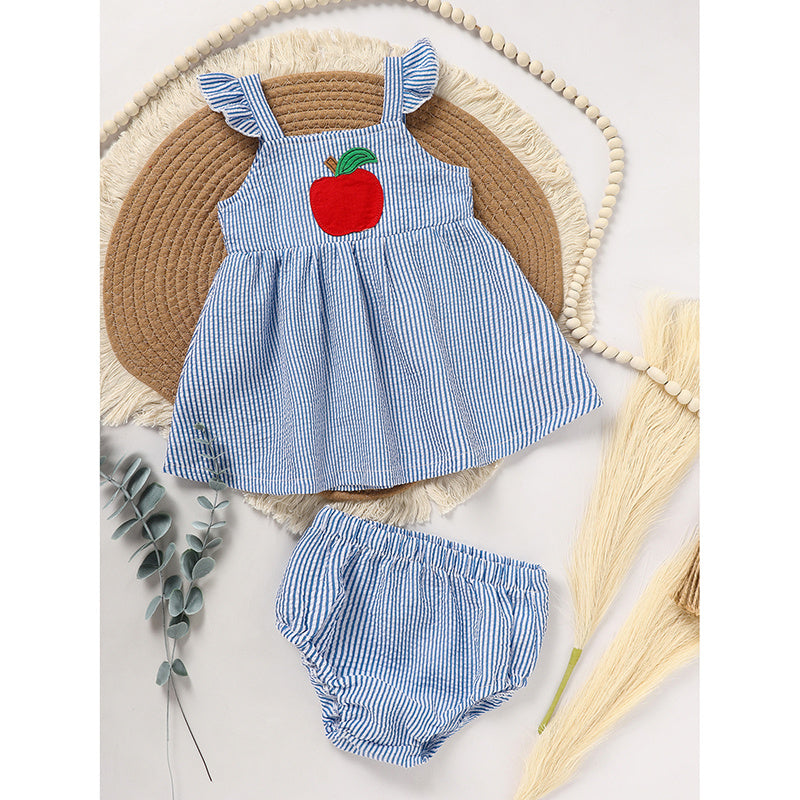 Kids Baby Girl Back To School Outfit, First Day Of School, Summer Ruffle Sleeves Applique Top & Shorts Set