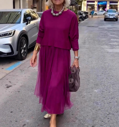 Solid-color Casual Knit Crew-neck Top And Mesh Slip Maxi Dress Two-piece Set