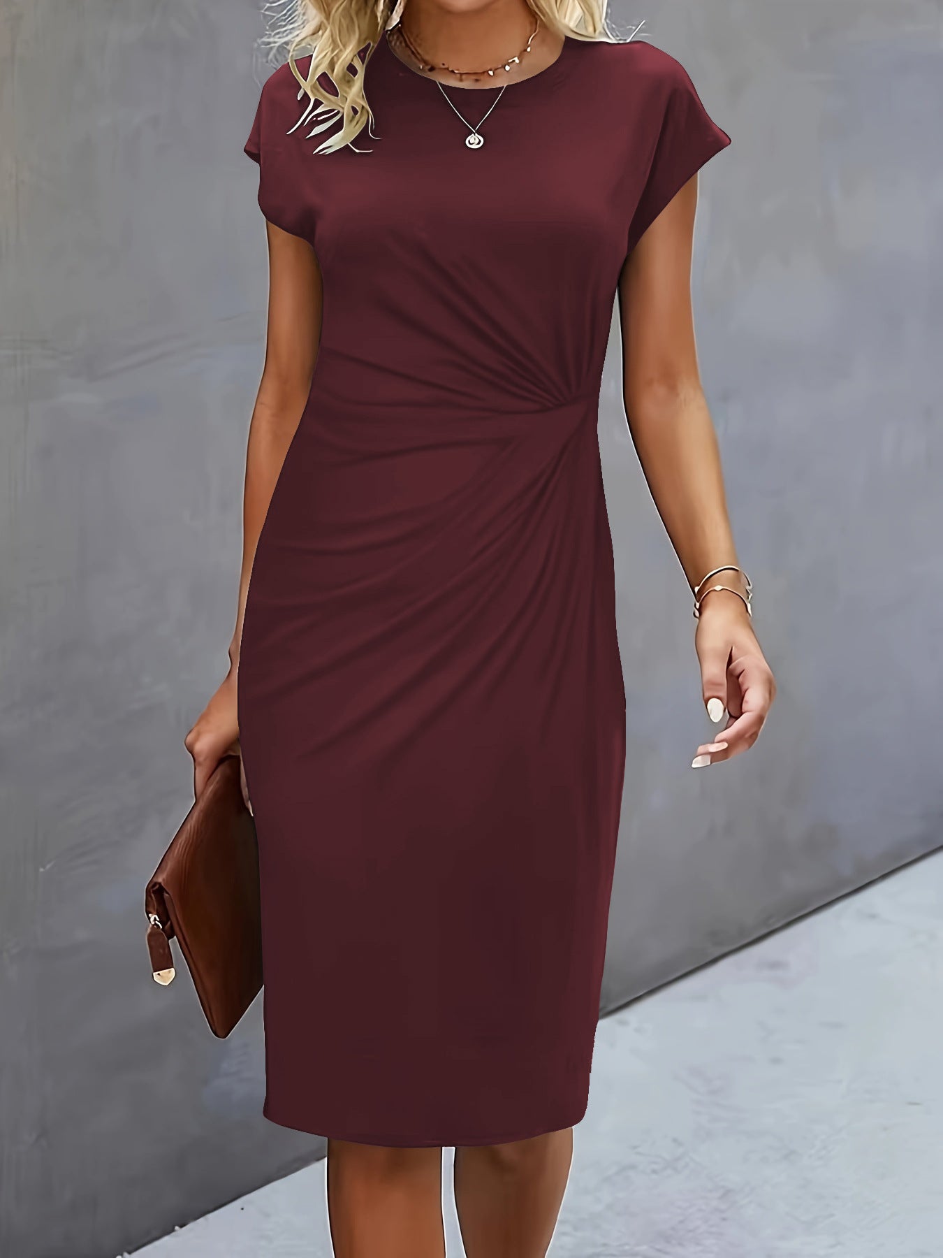 Casual Tight Front Knot Round Neck Mid-length Dress