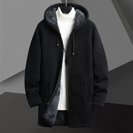 Fleece-lined Mid-length Zipper Hooded Sweater